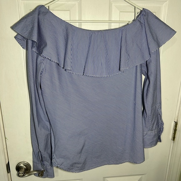 Lauren Ralph Lauren Tops - Lauren Ralph Lauren LRL Ruffle Collar Blue Striped Off-Shoulder Top Size 10.